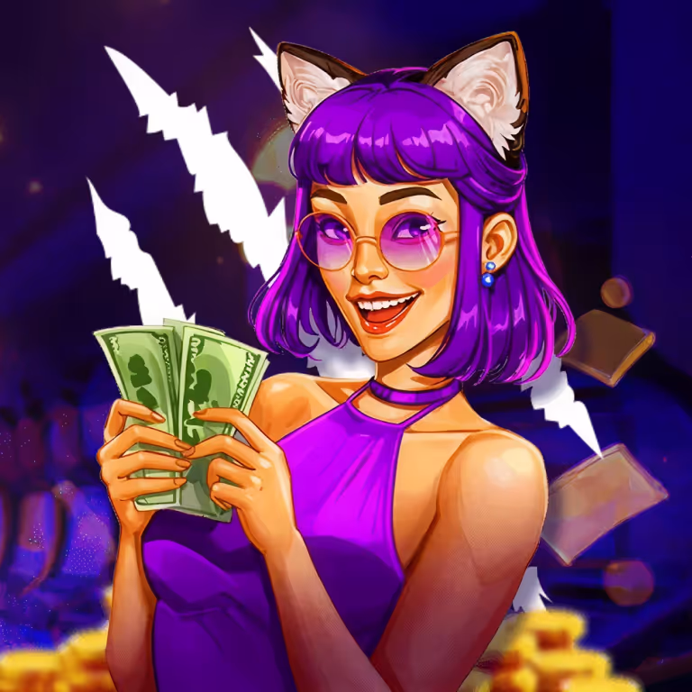 SpinLynx fast payout illustration with player holding cash and casino winnings in purple theme