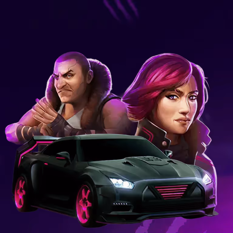 SpinLynx casino game offer featuring luxury sports car, action characters, and high-stakes gaming atmosphere